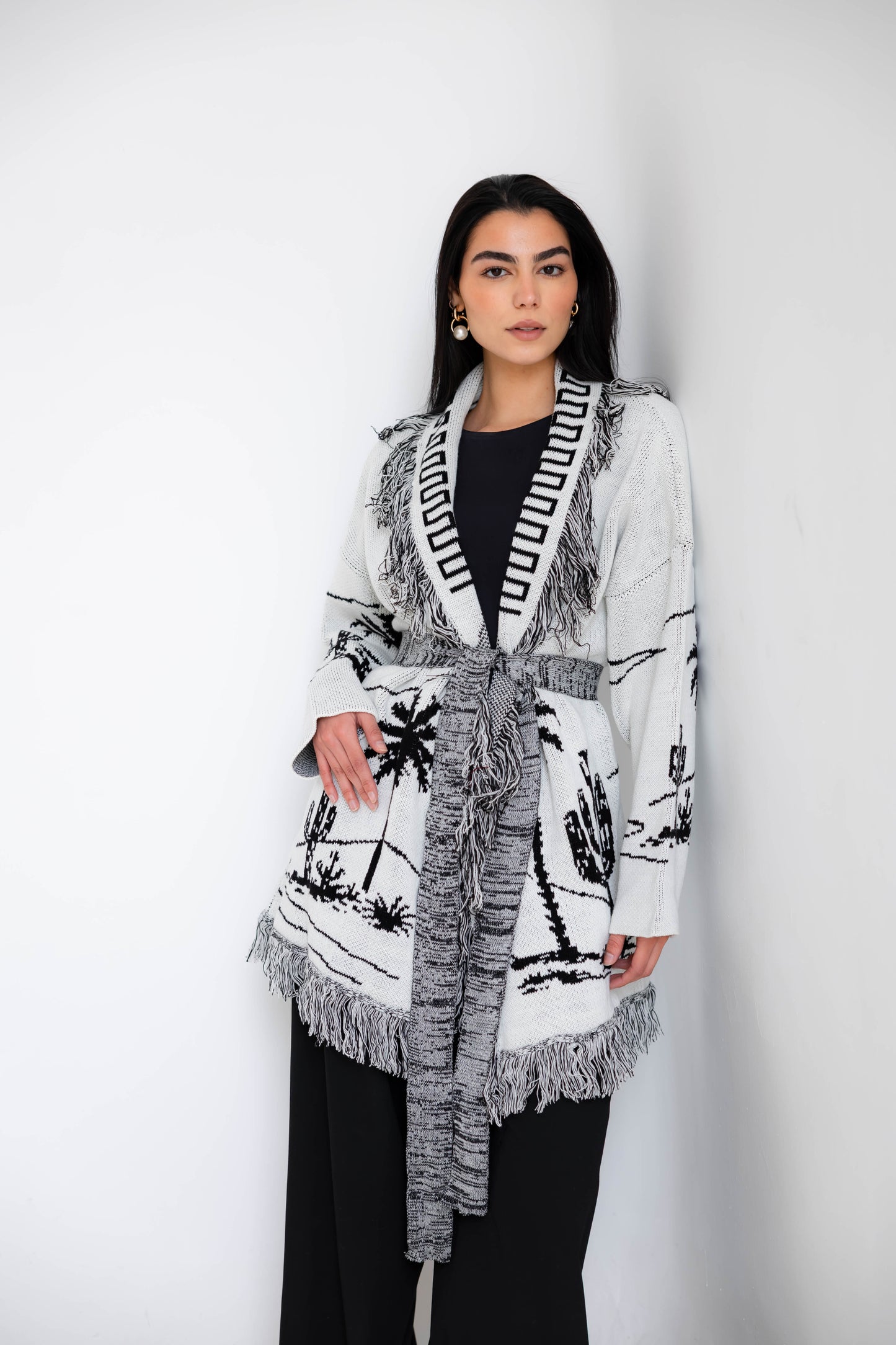 Center Of Attention Knit Cardigan In Black X White