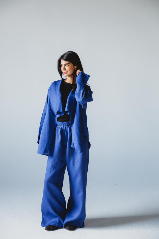 Linen Flow Cardigan Set - Royal Blue
