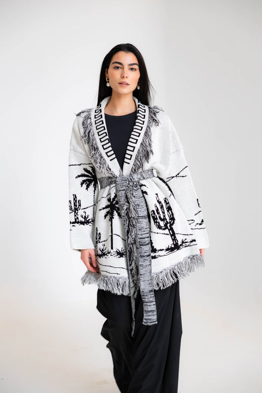 Center Of Attention Knit Cardigan In Black X White