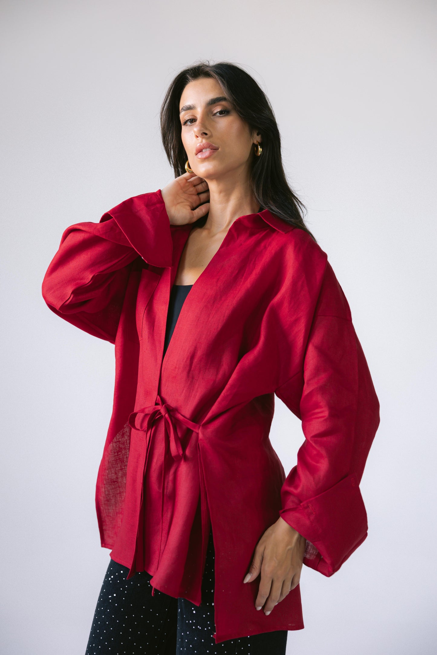 Side Tie Linen Shirt - Red