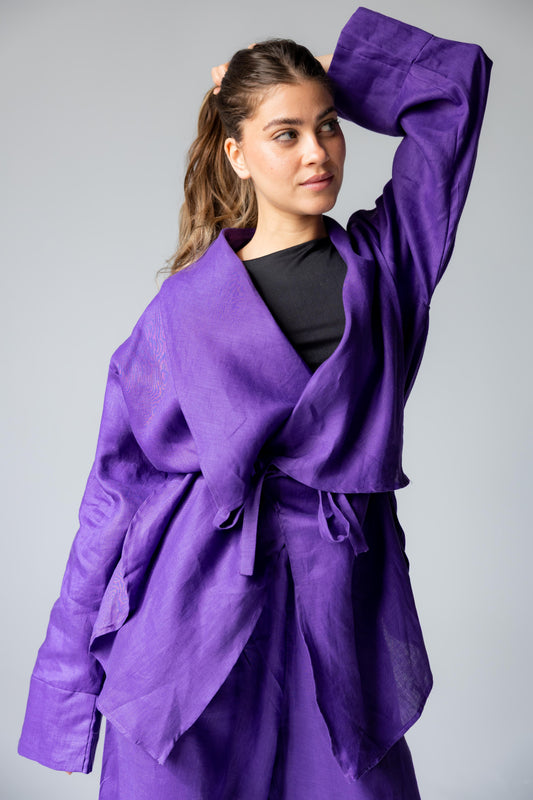 Linen Flow Cardigan Set - Deep Purple