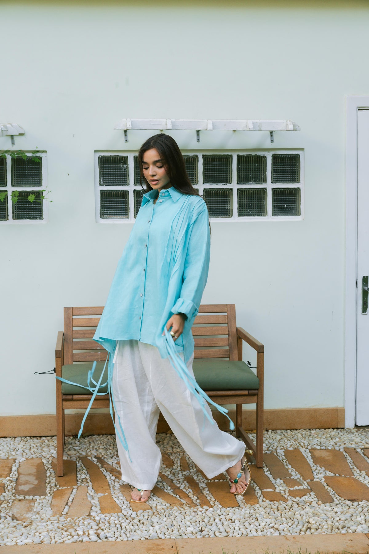 Summer Fringes Linen Shirt -  Turquoise