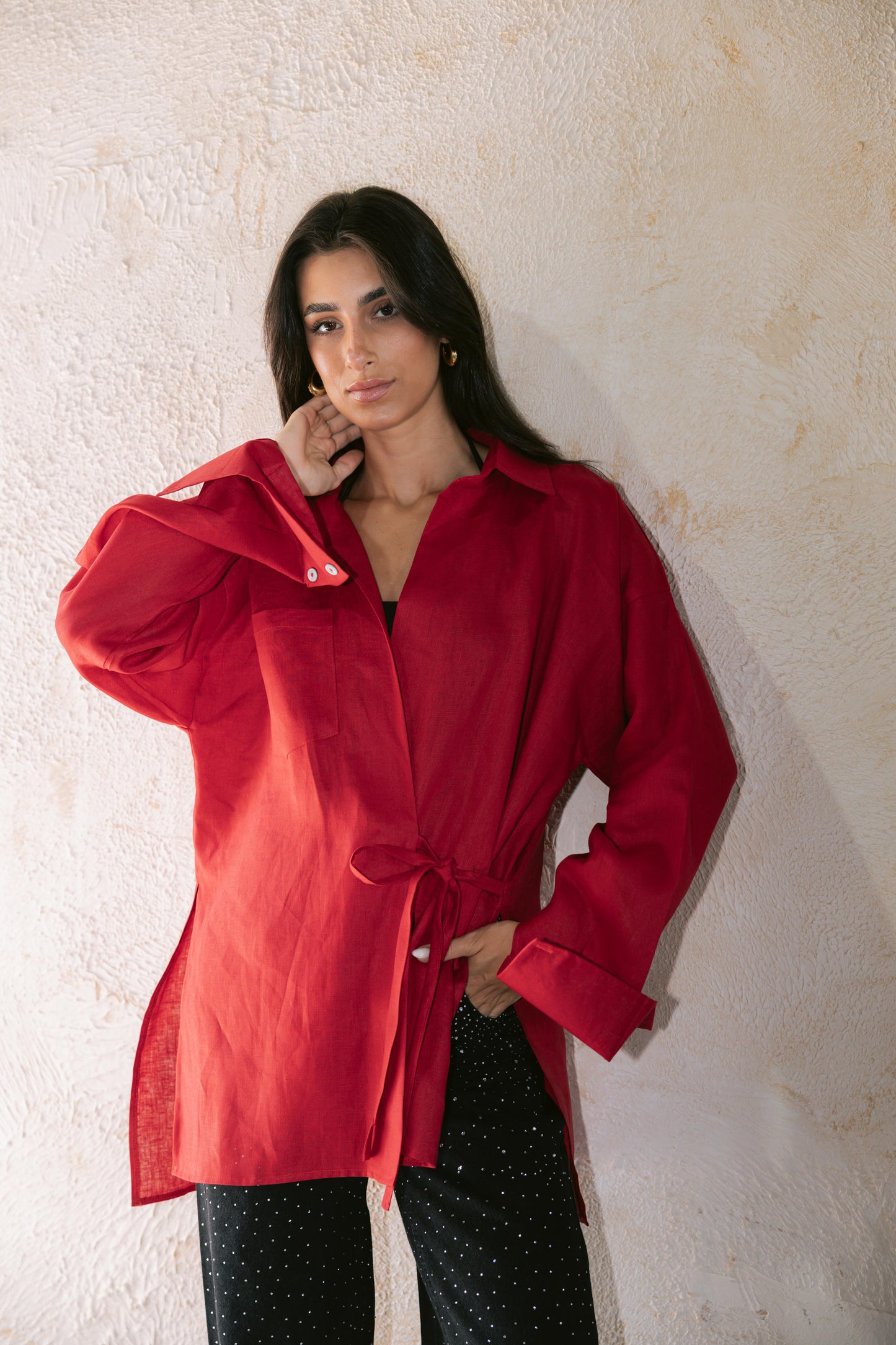 Side Tie Linen Shirt - Red