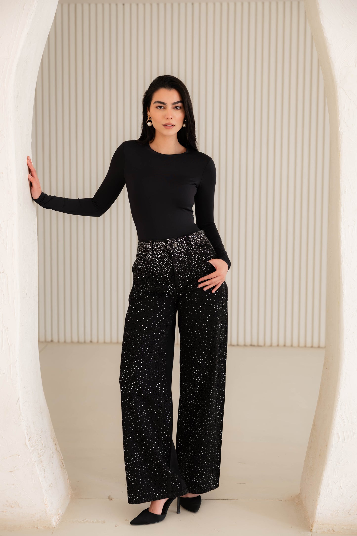 Nightfall Studded Denim Pants In Black