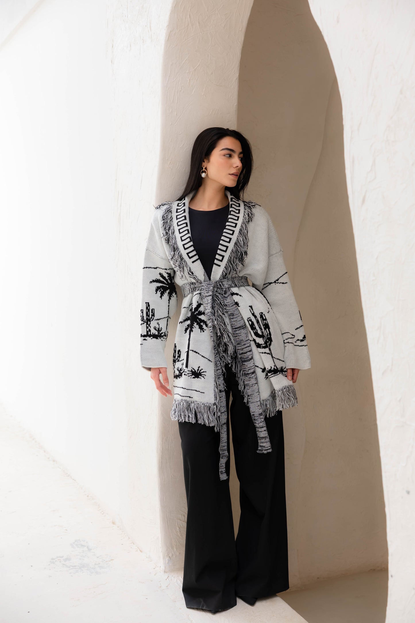 Center Of Attention Knit Cardigan In Black X White