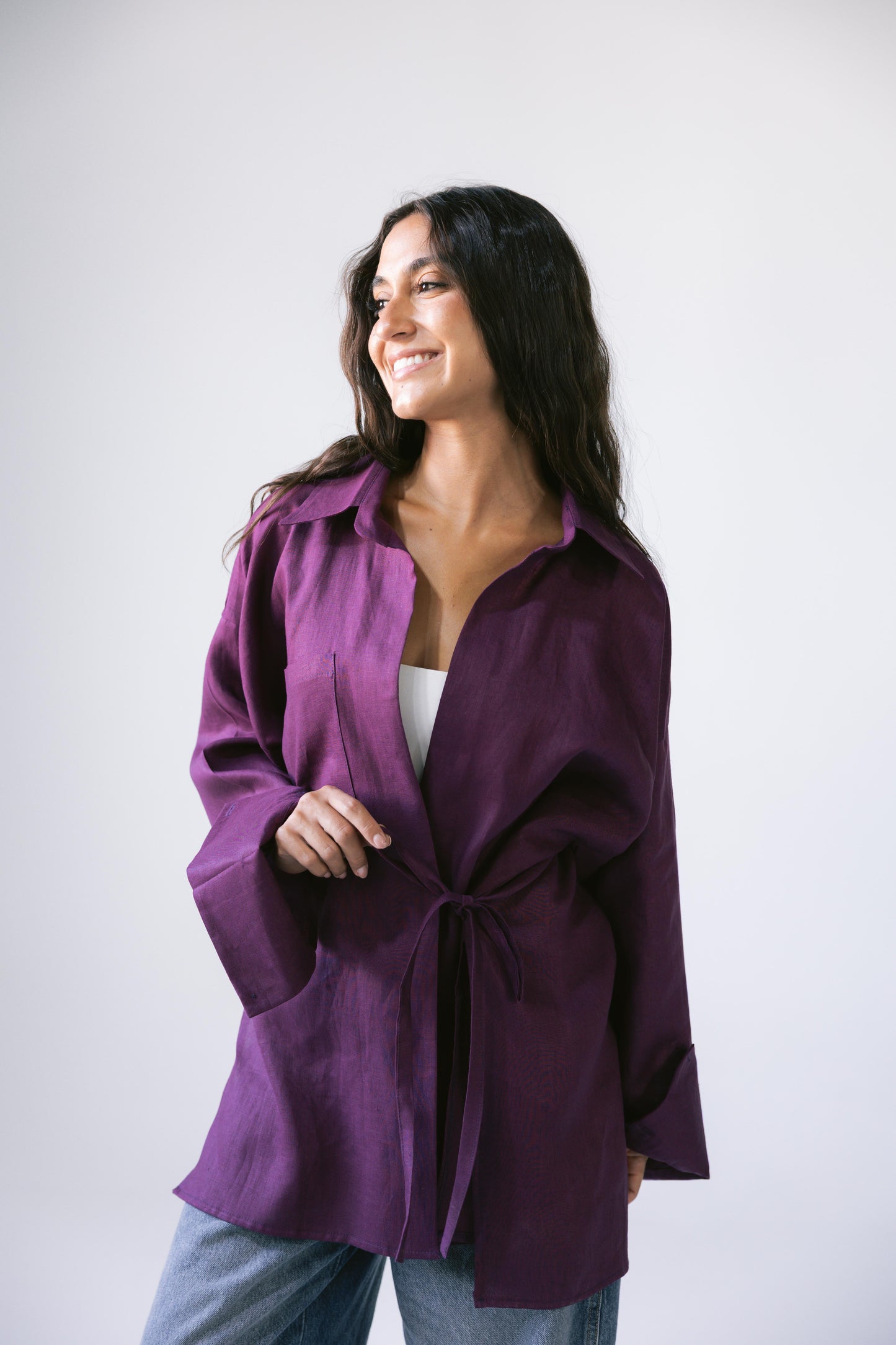 Side Tie Linen Shirt - Violet