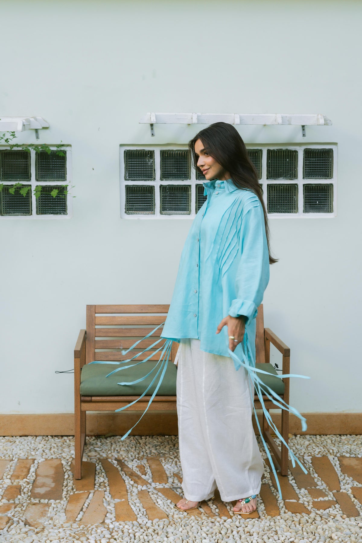 Summer Fringes Linen Shirt -  Turquoise