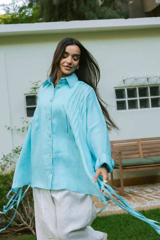Summer Fringes Linen Shirt -  Turquoise