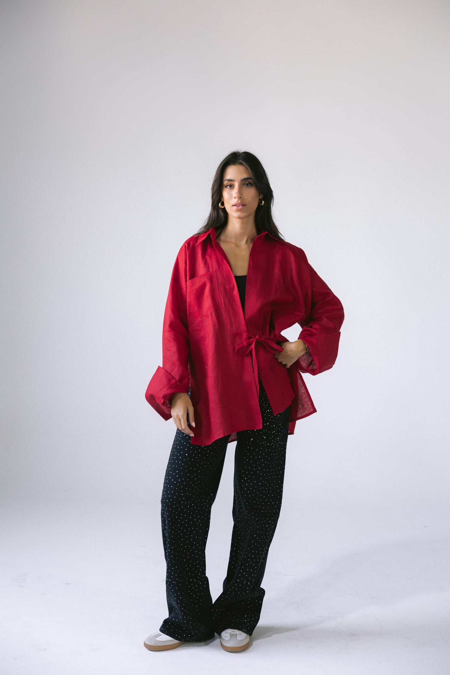 Side Tie Linen Shirt - Red