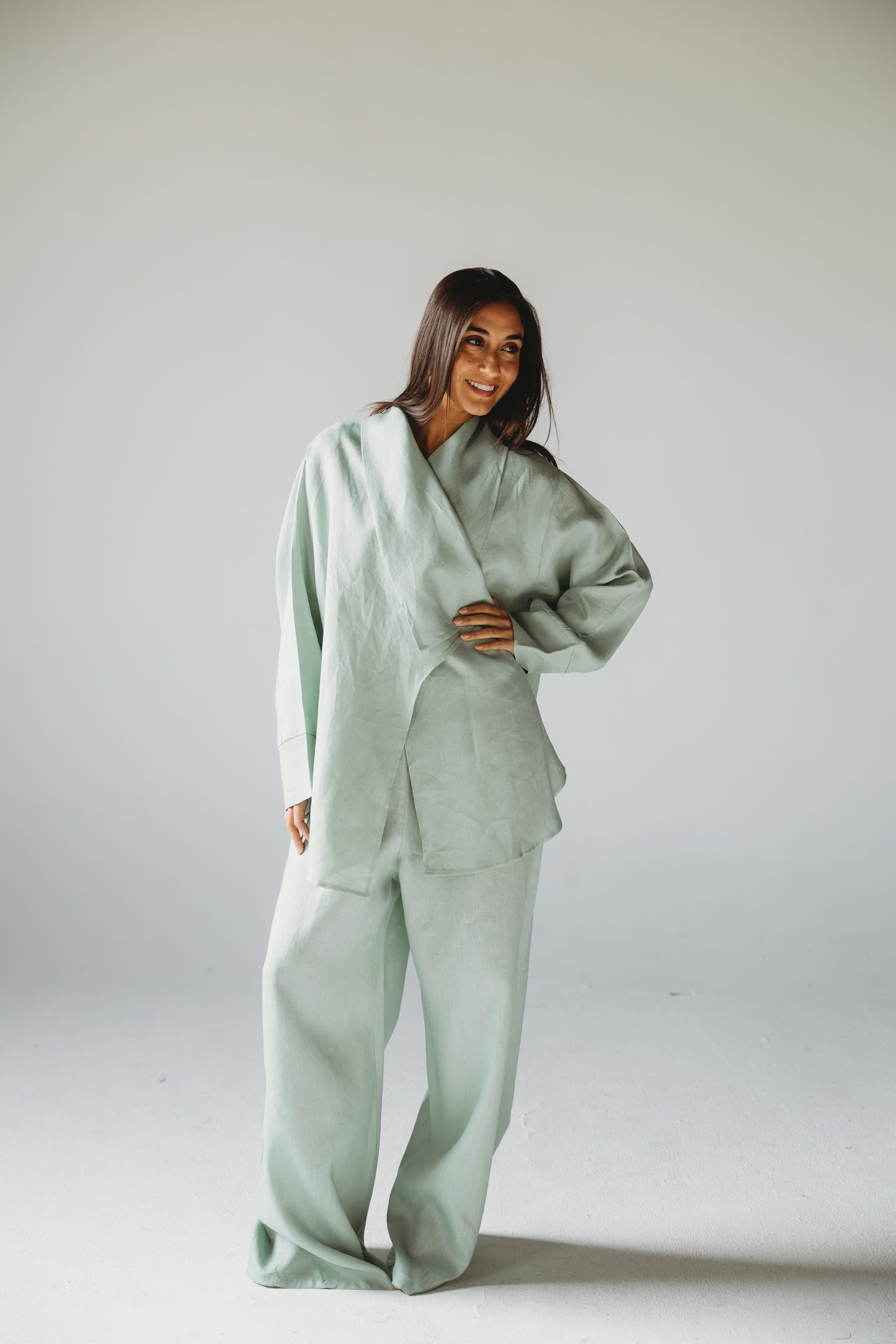 Linen Flow Cardigan Set - Mint