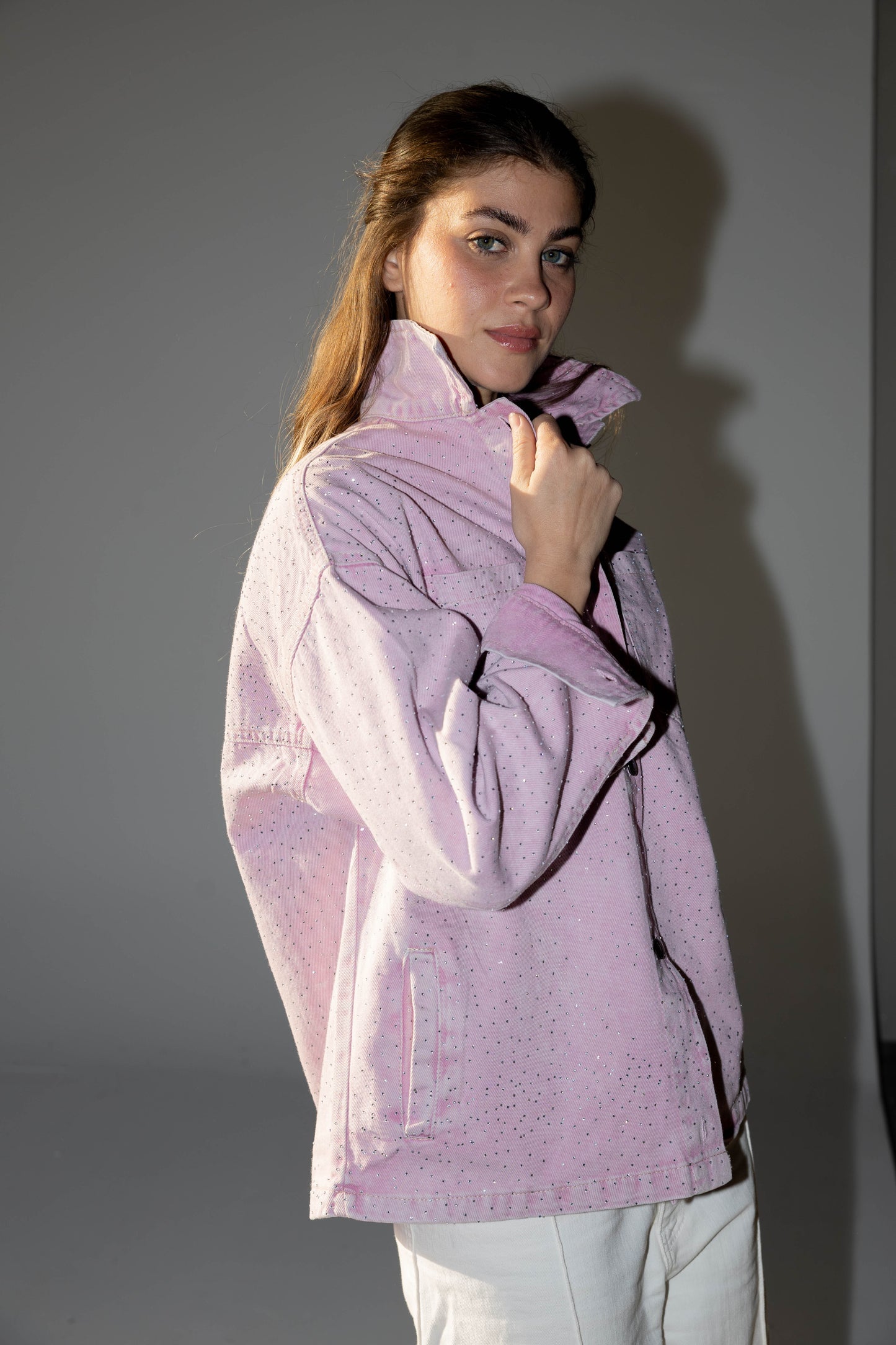 Starluxe Studded Denim Jacket In Petal