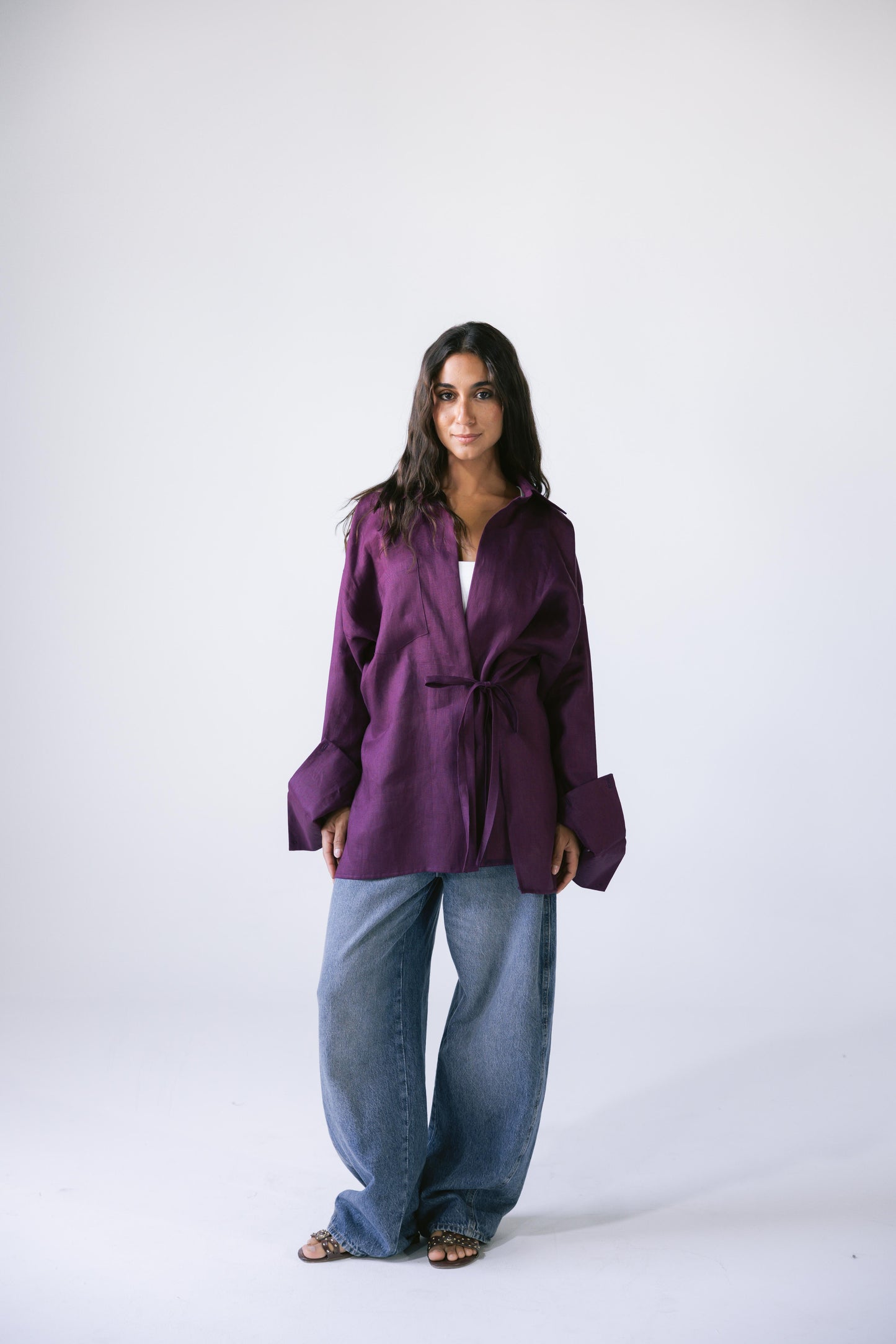 Side Tie Linen Shirt - Violet