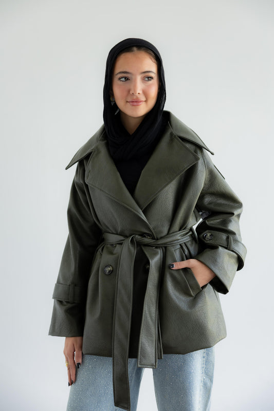 Oversized Buttoned Leather Jacket - Olive