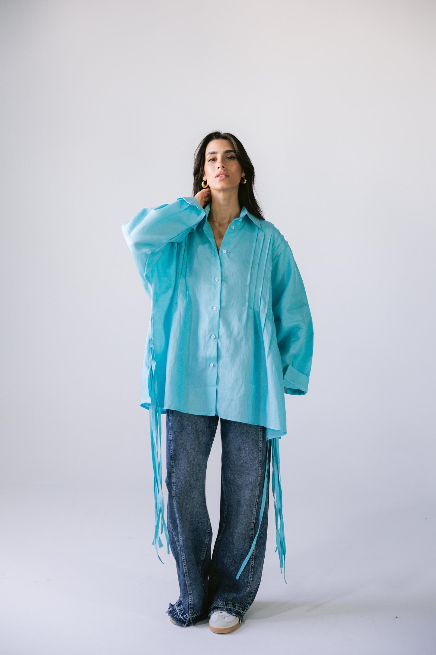 Summer Fringes Linen Shirt -  Turquoise