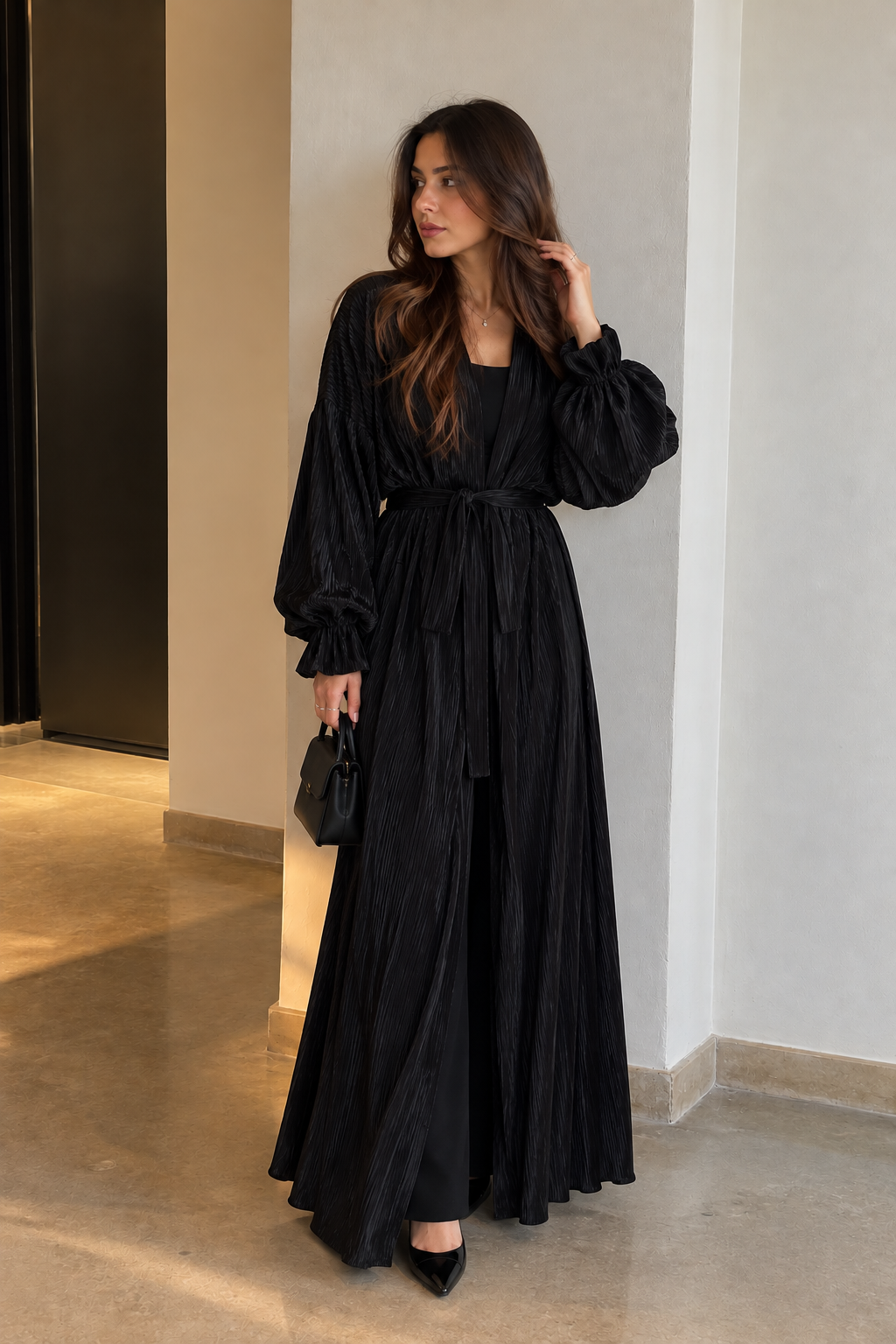 Pleated Silk Kimono - Black