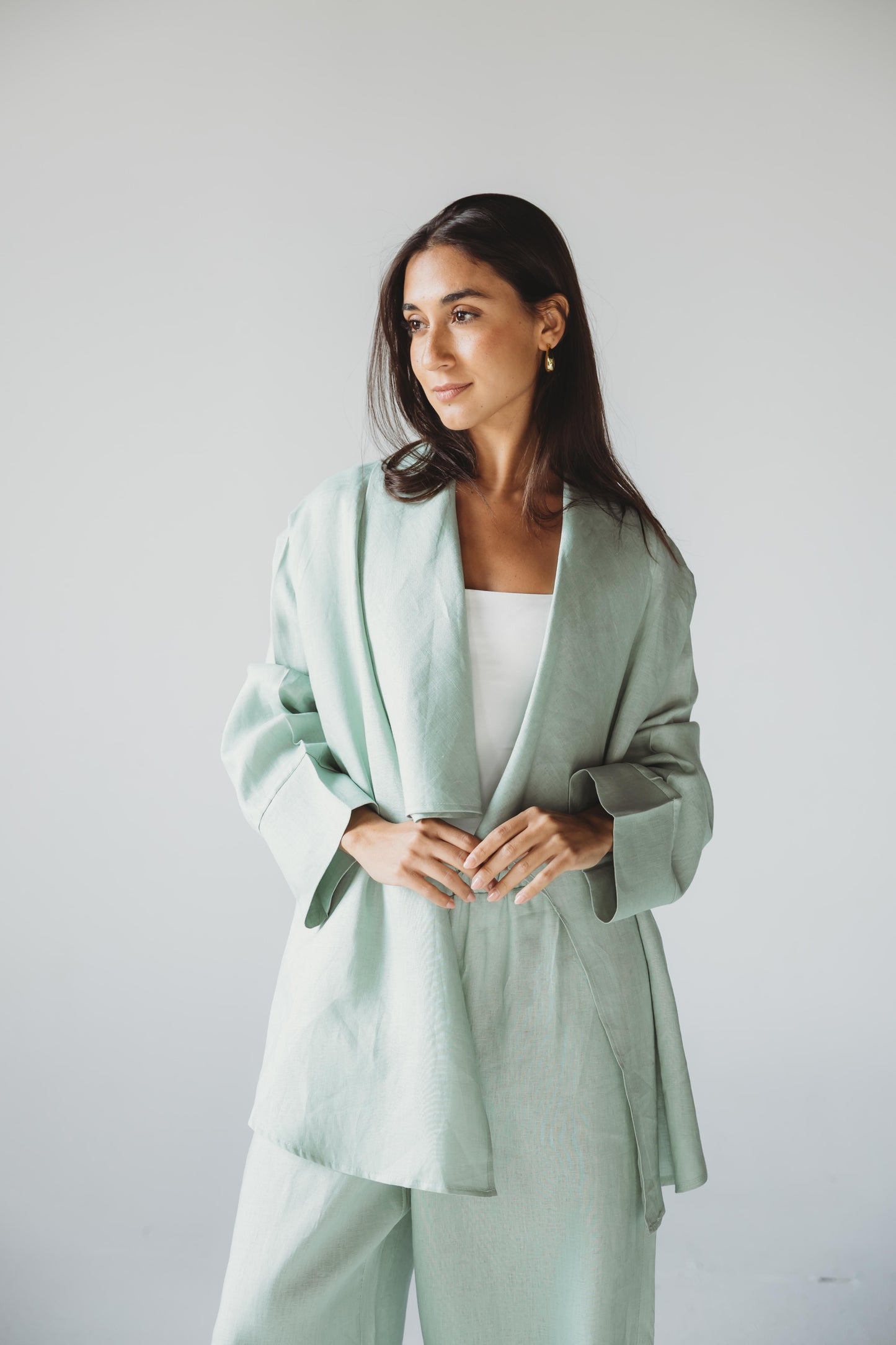 Linen Flow Cardigan Set - Mint