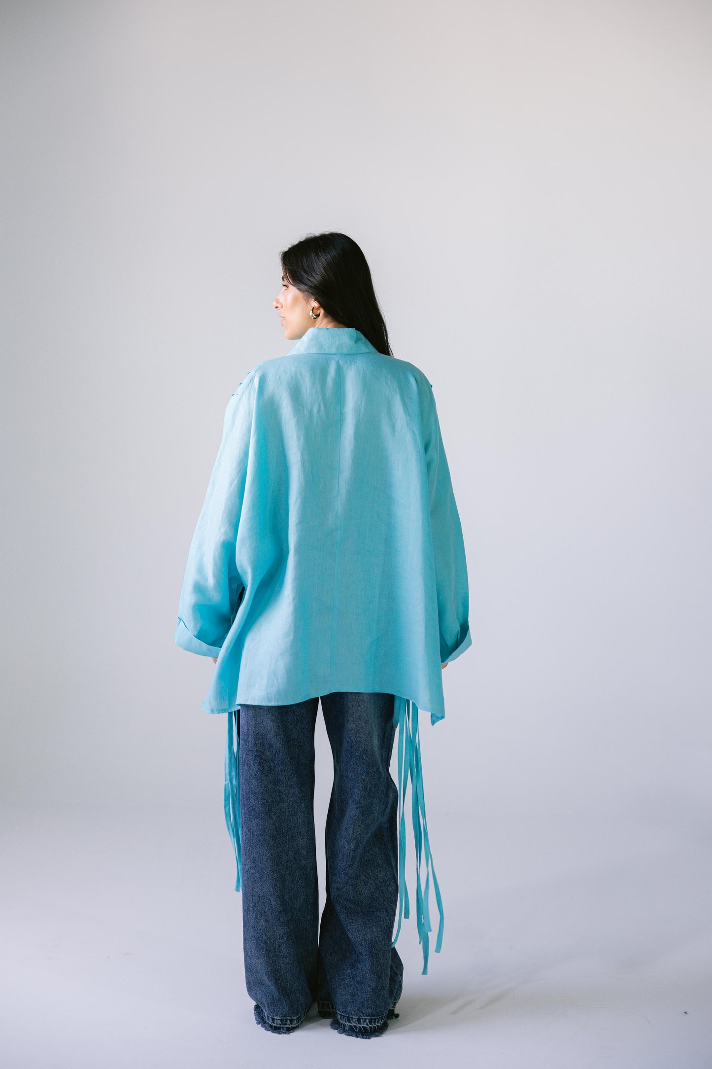 Summer Fringes Linen Shirt -  Turquoise