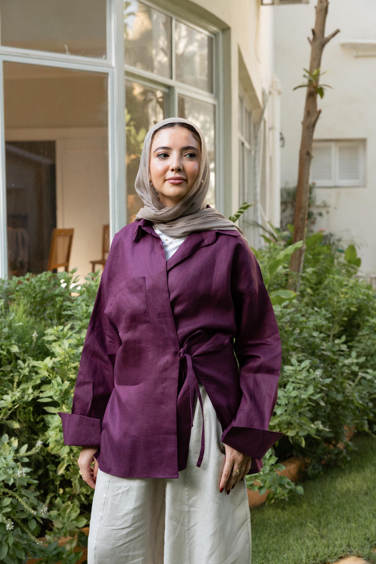 Side Tie Linen Shirt - Violet