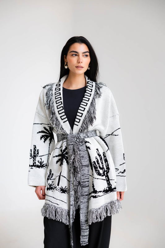 Center Of Attention Knit Cardigan In Black X White