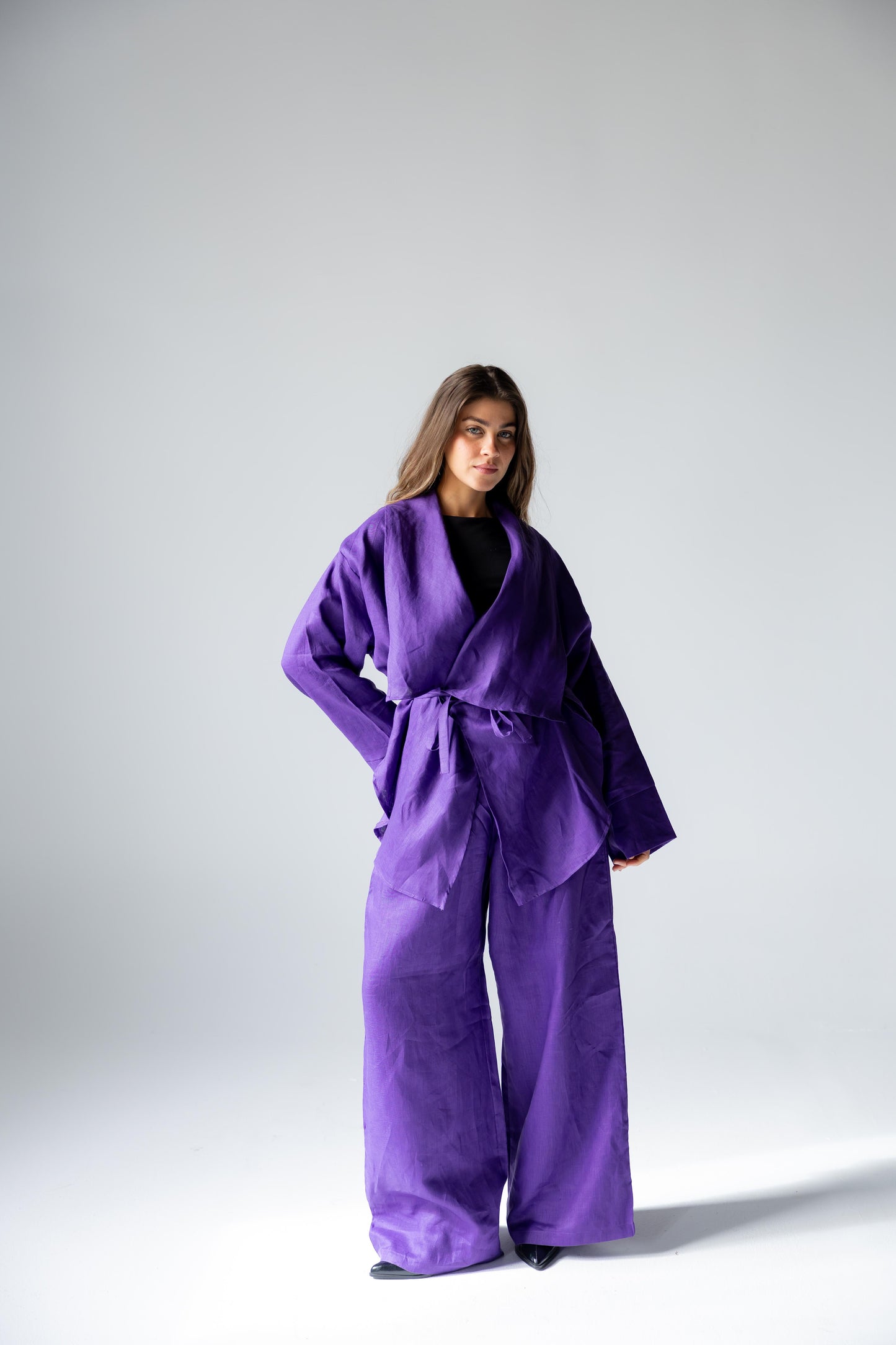 Linen Flow Cardigan Set - Deep Purple