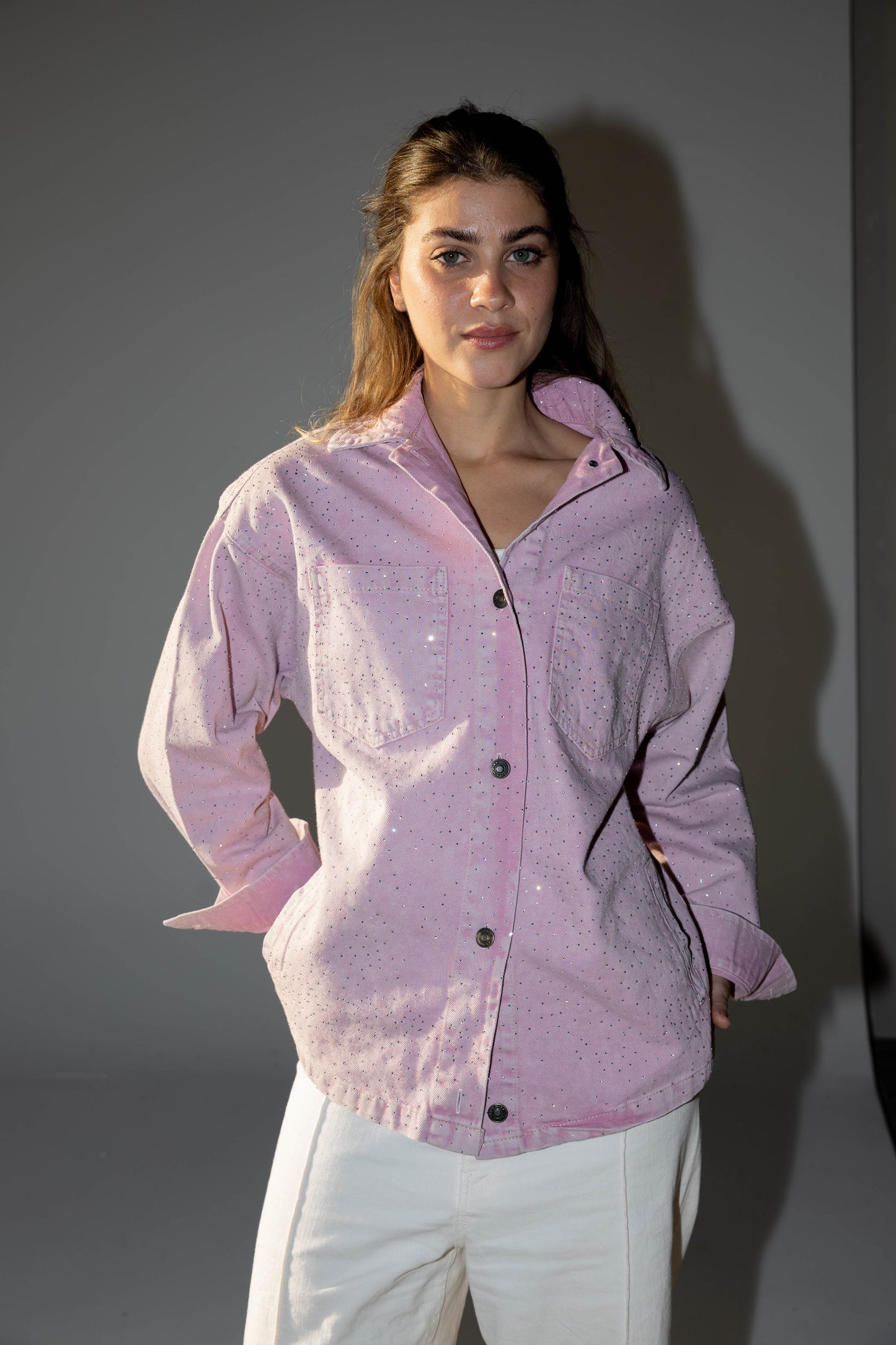 Starluxe Studded Denim Jacket In Petal