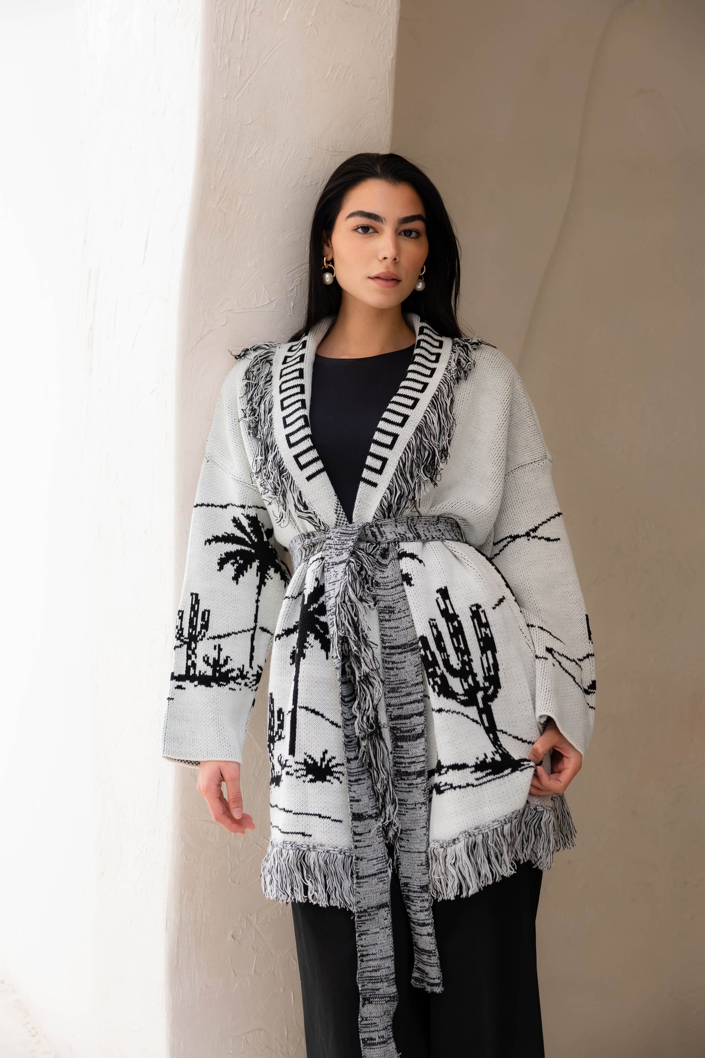 Center Of Attention Knit Cardigan In Black X White