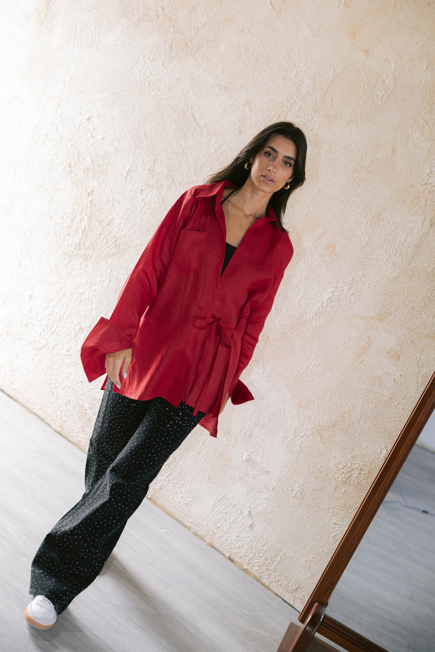 Side Tie Linen Shirt - Red