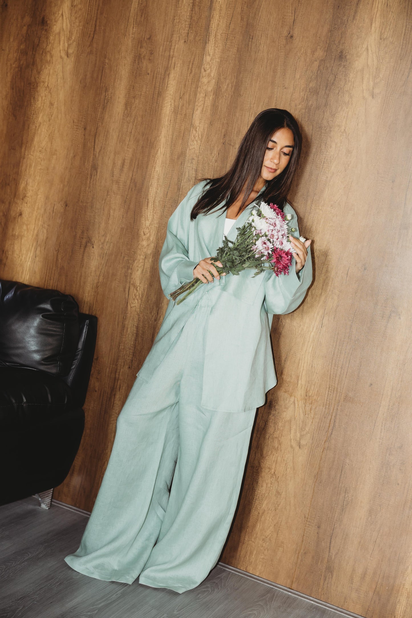 Linen Flow Cardigan Set - Mint