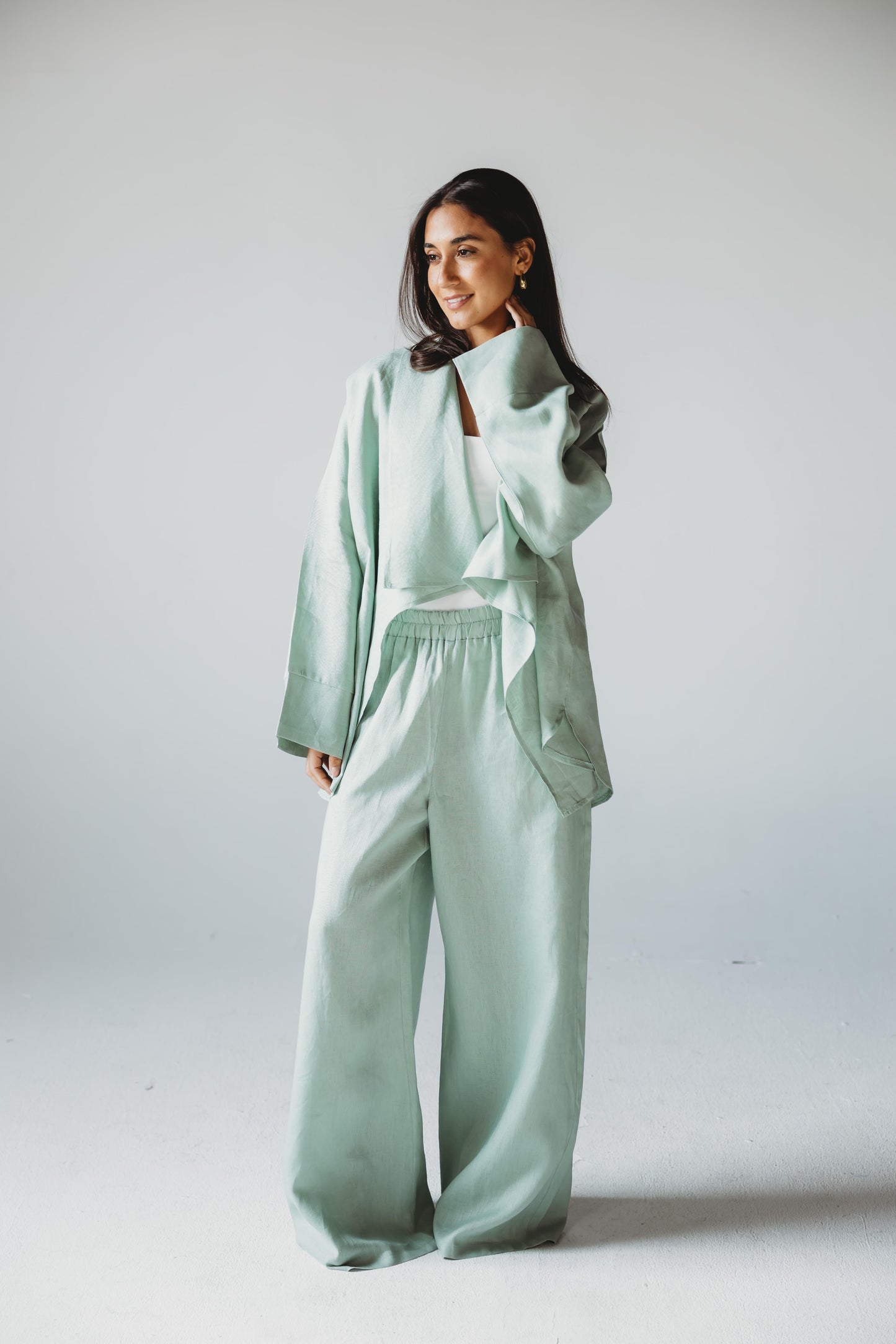 Linen Flow Cardigan Set - Mint