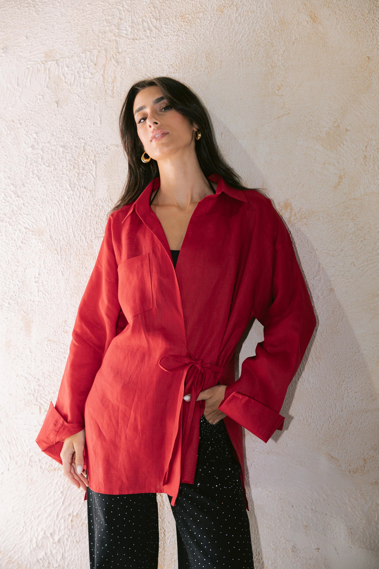 Side Tie Linen Shirt - Red