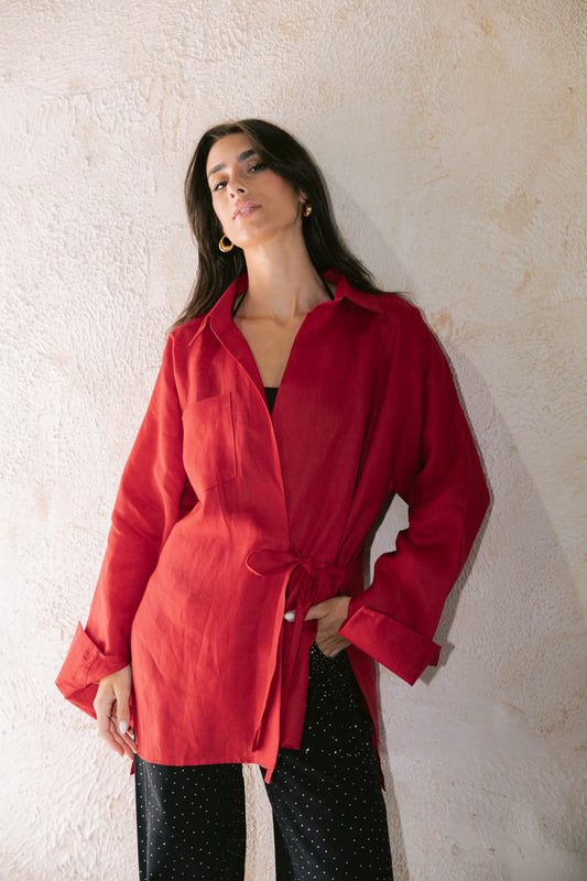 Side Tie Linen Shirt - Red