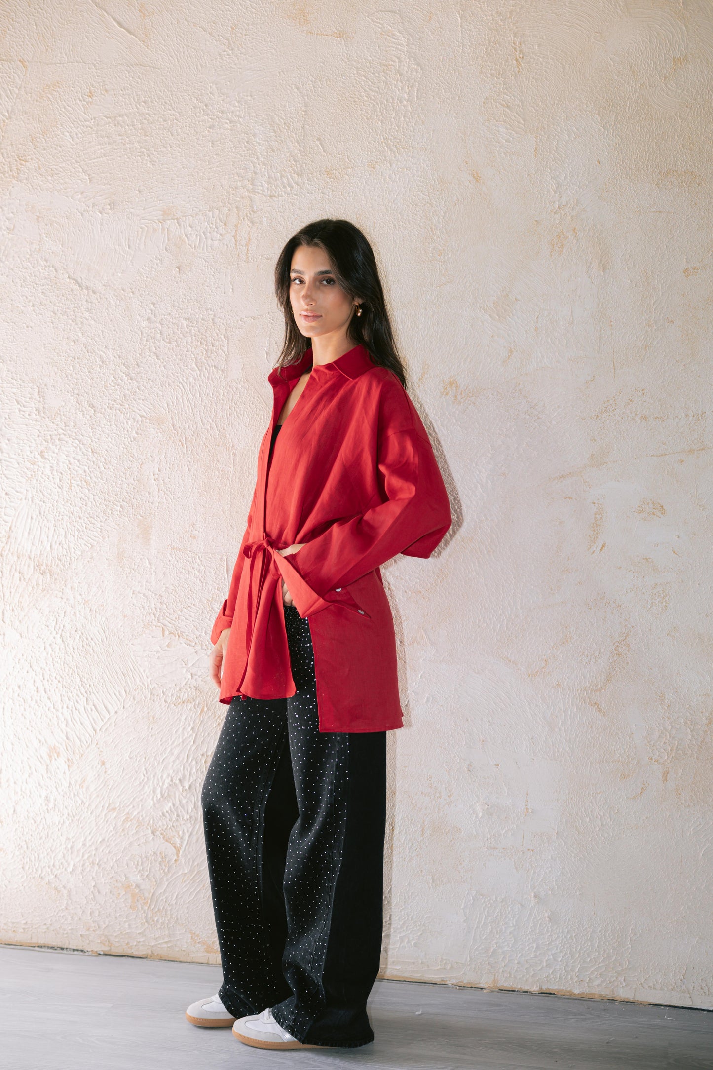 Side Tie Linen Shirt - Red