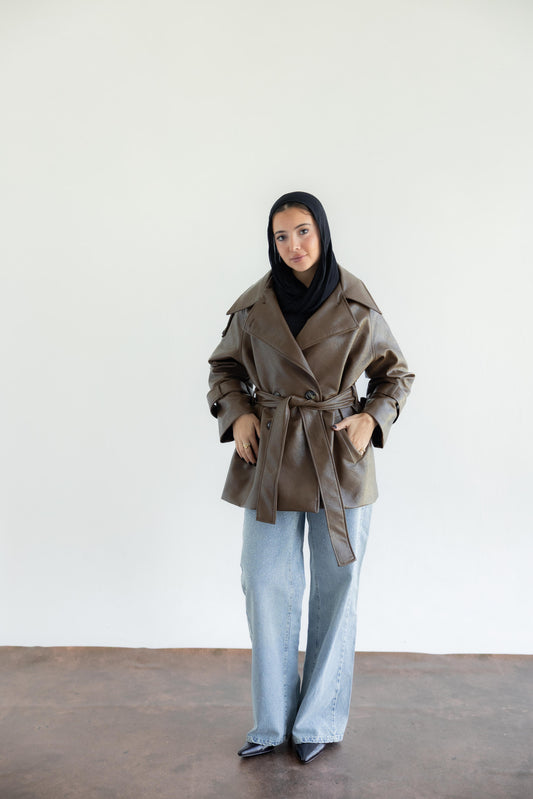Oversized Buttoned Leather Jacket - Hazelnut