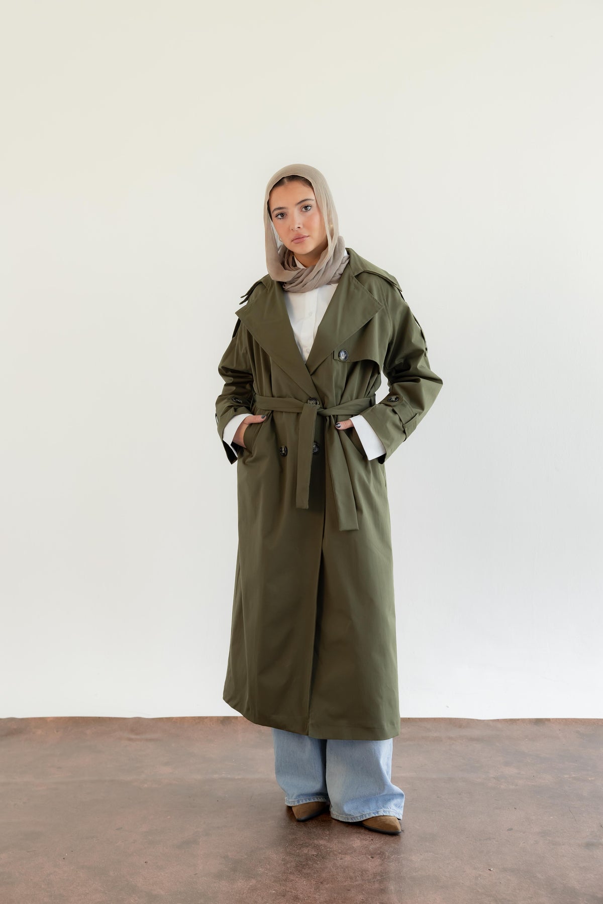 Double Collar Trench Coat - Olive