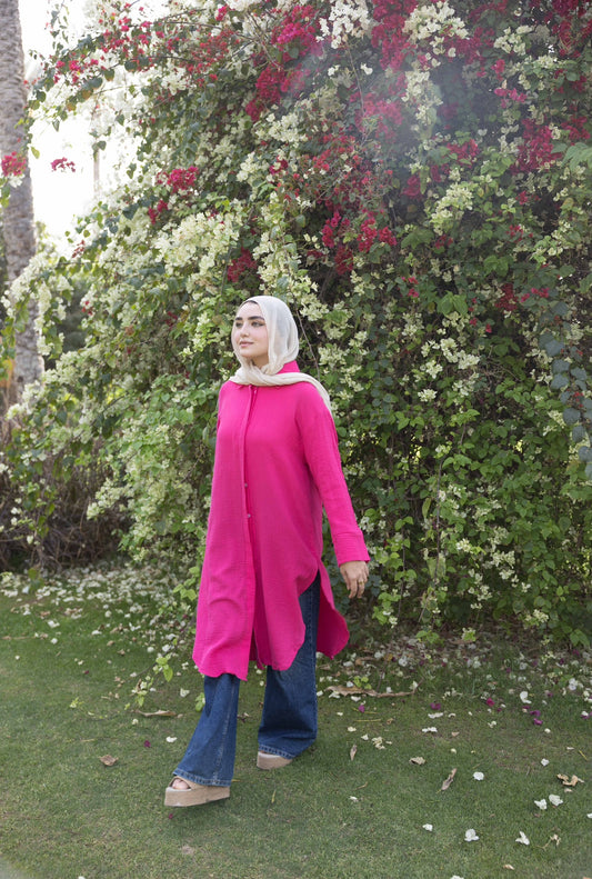 Crinkled linen long shirt in hot pink