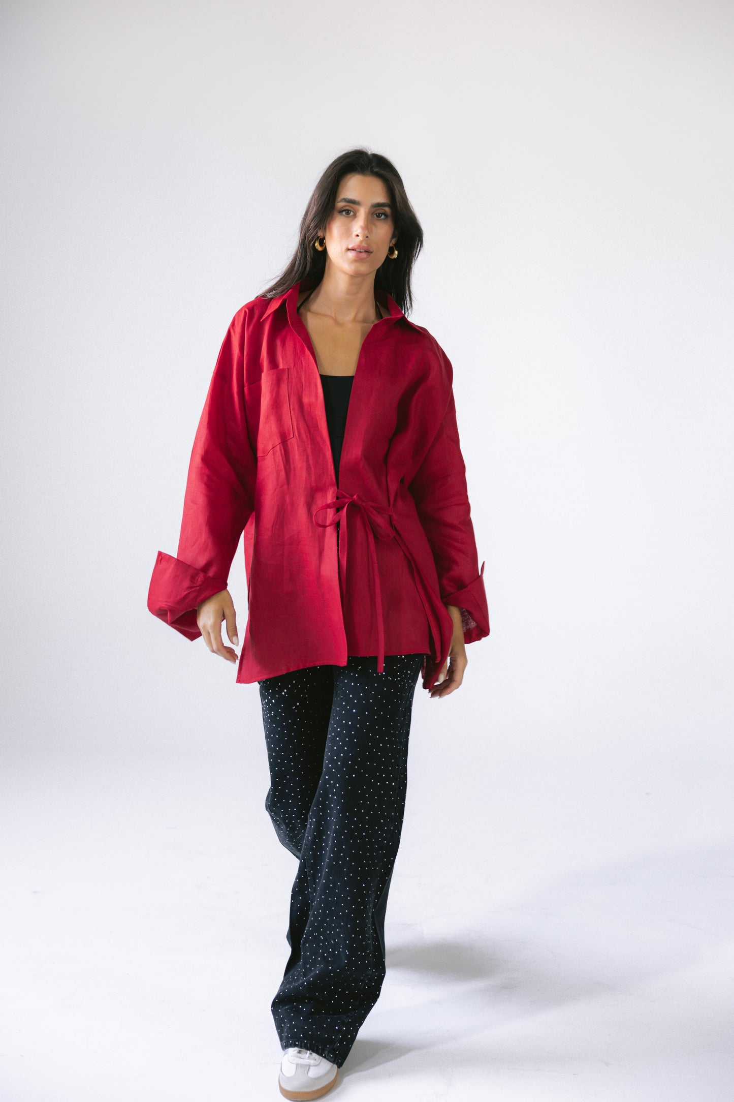 Side Tie Linen Shirt - Red