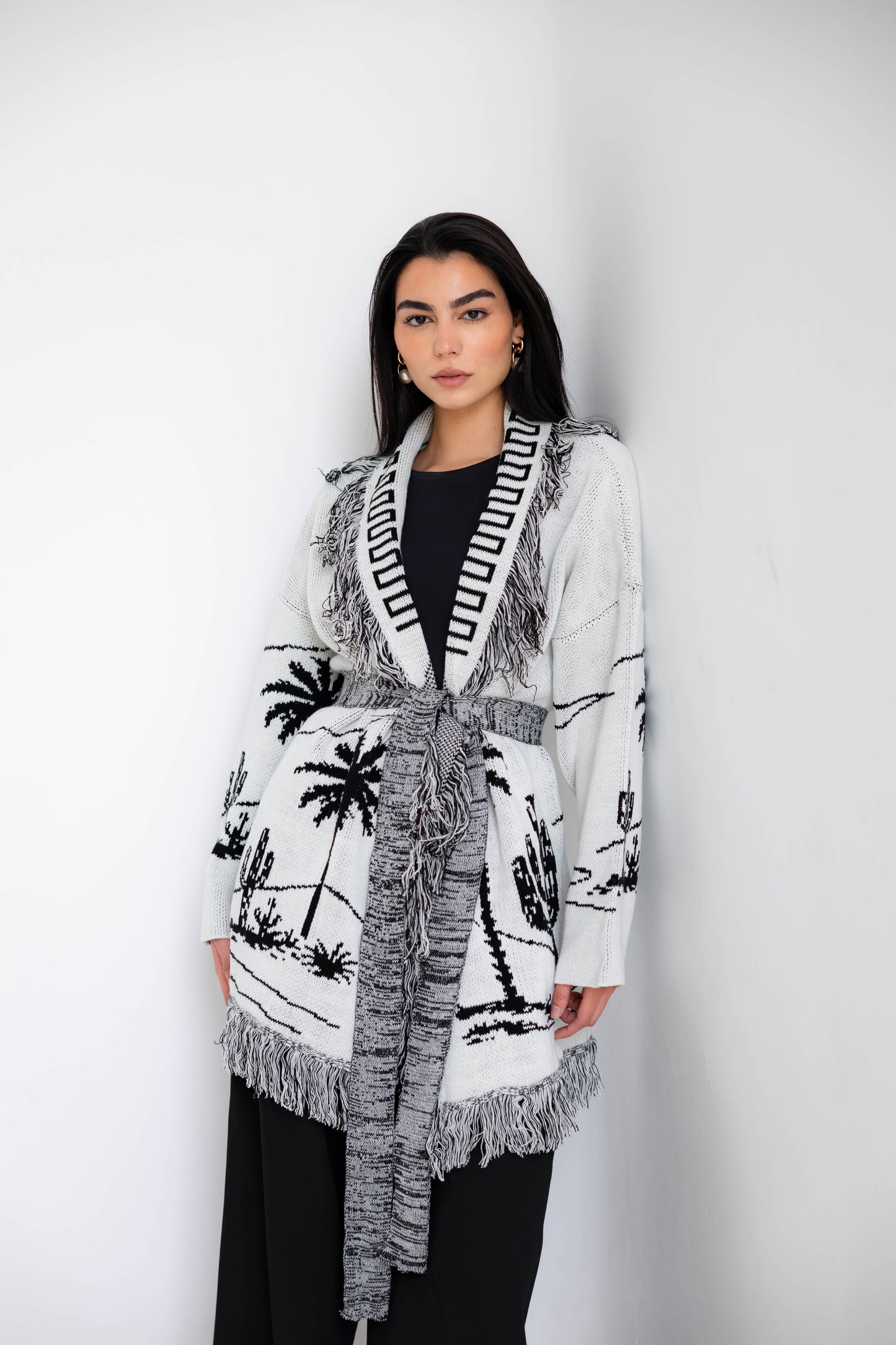 Center Of Attention Knit Cardigan In Black X White