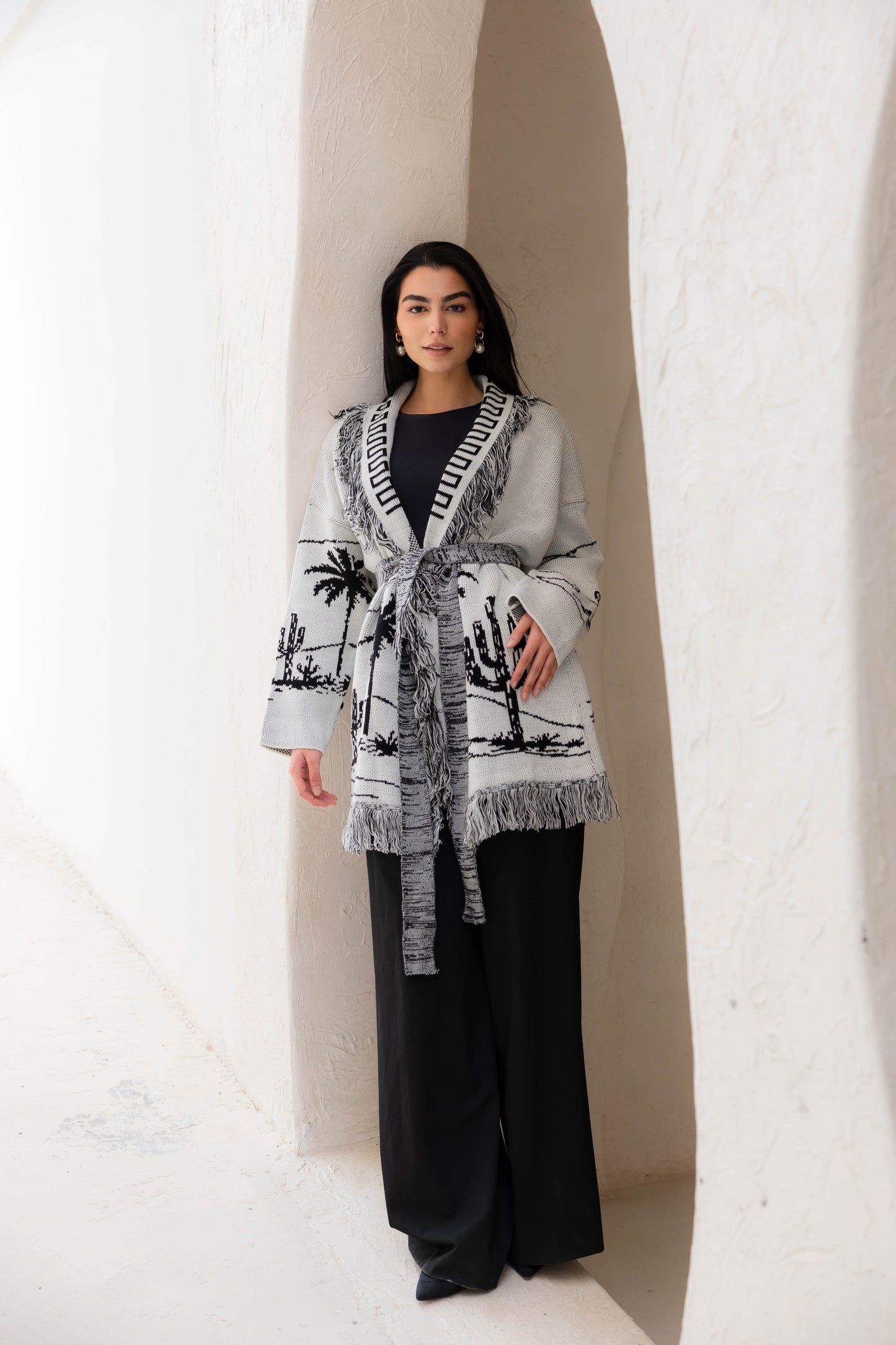 Center Of Attention Knit Cardigan In Black X White