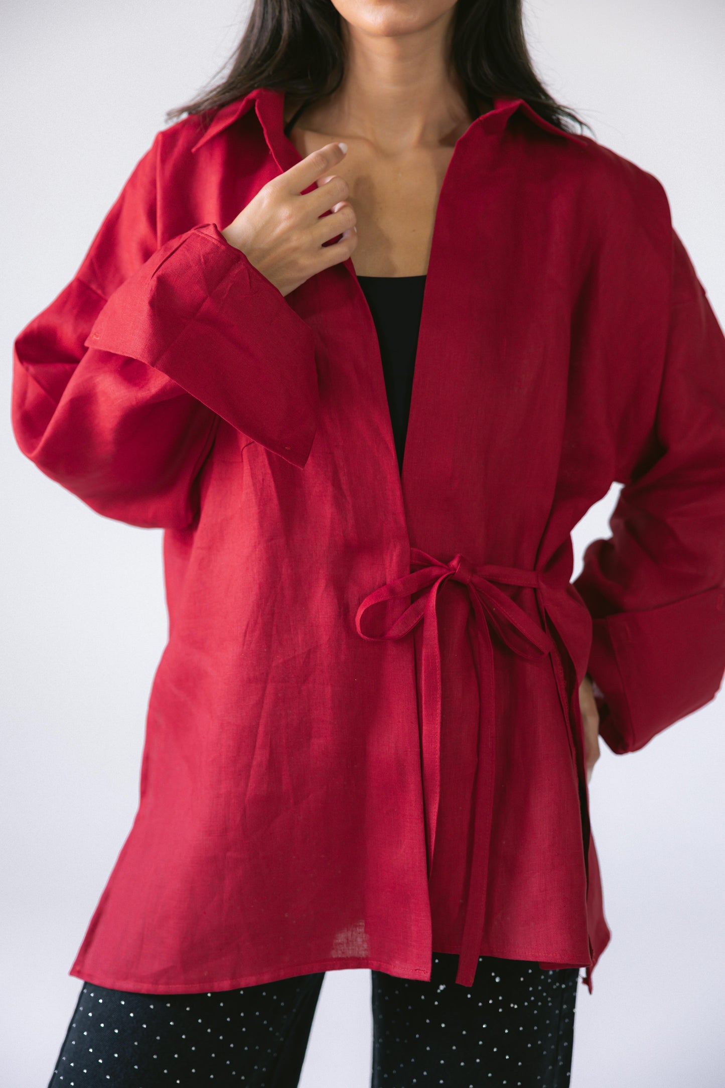 Side Tie Linen Shirt - Red