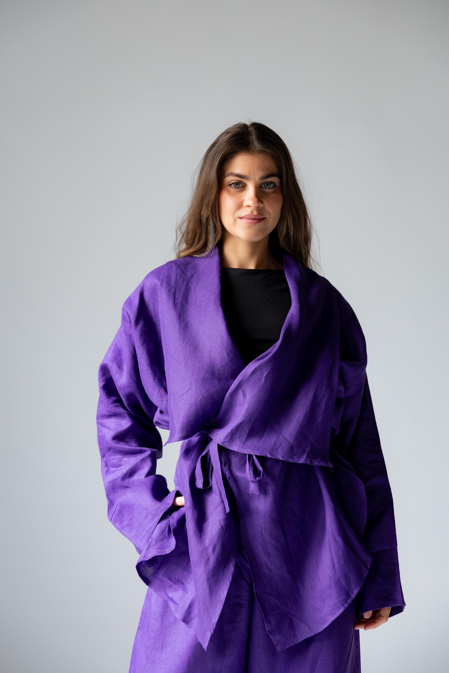 Linen Flow Cardigan Set - Deep Purple