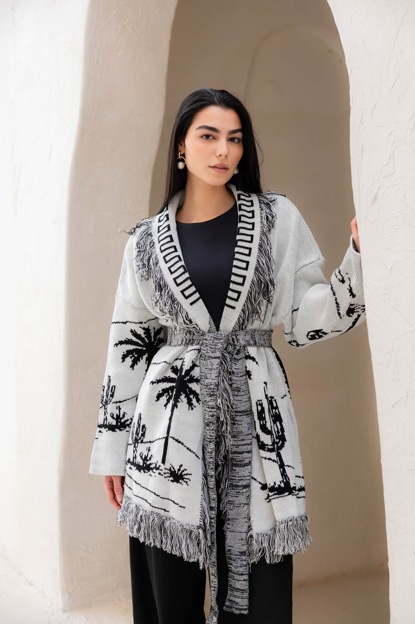 Center Of Attention Knit Cardigan In Black X White