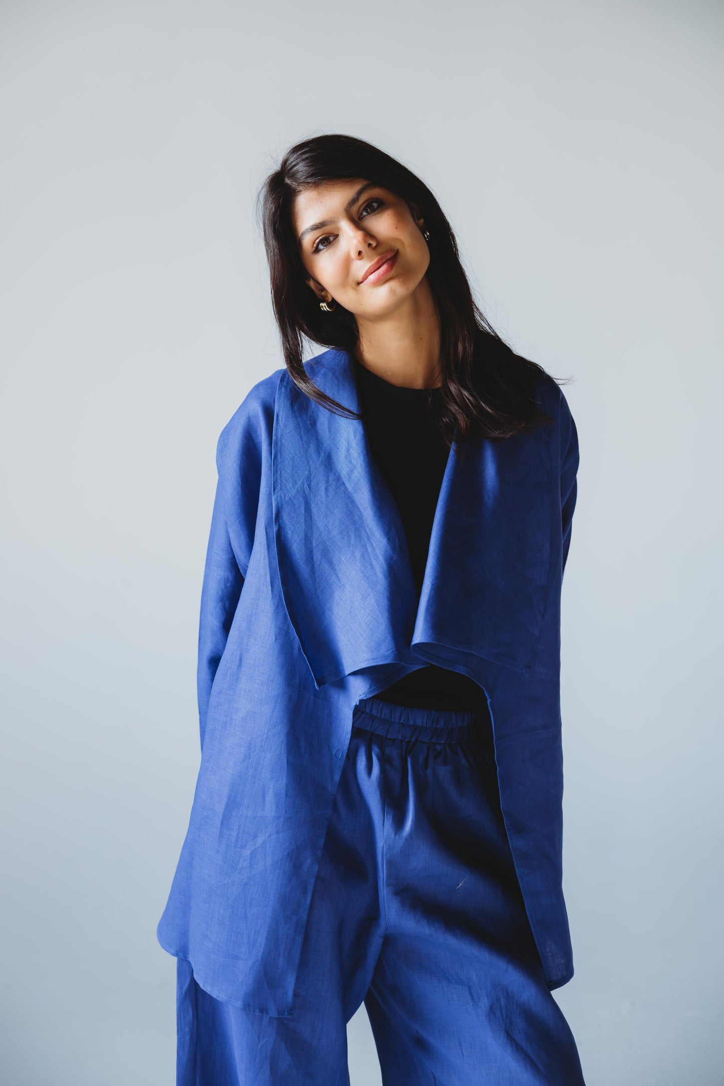 Linen Flow Cardigan Set - Royal Blue
