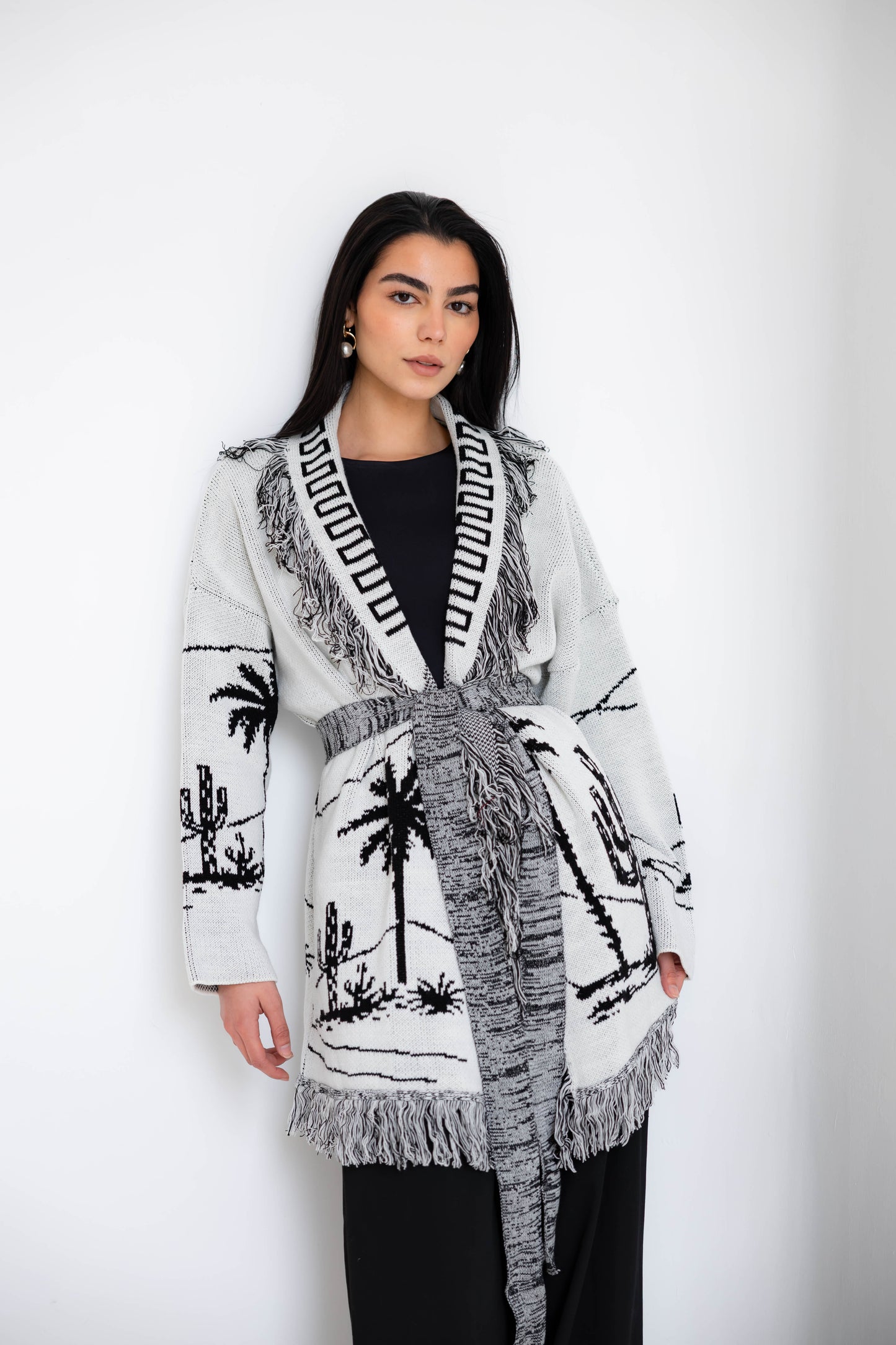 Center Of Attention Knit Cardigan In Black X White