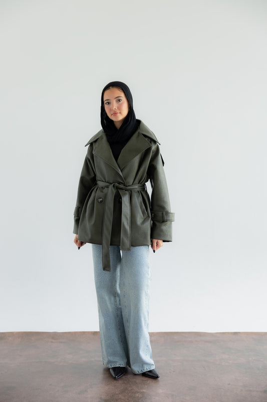 Oversized Buttoned Leather Jacket - Olive