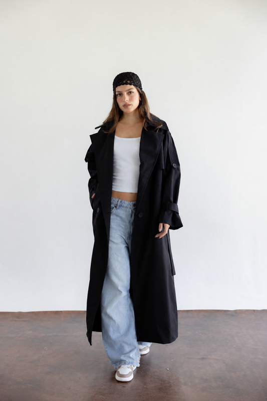 Double Collar Trench Coat - Black