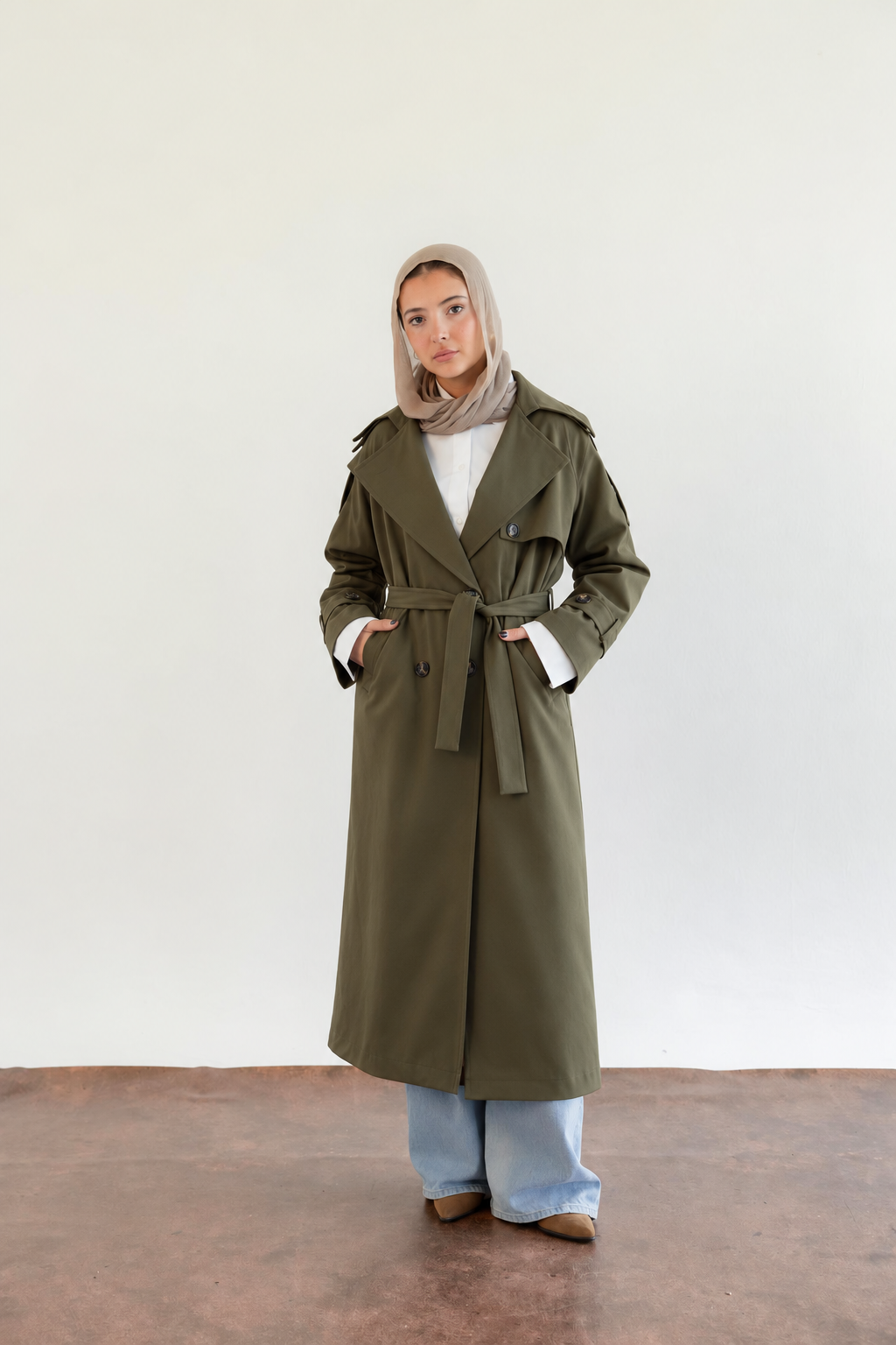 Double Collar Trench Coat - Olive