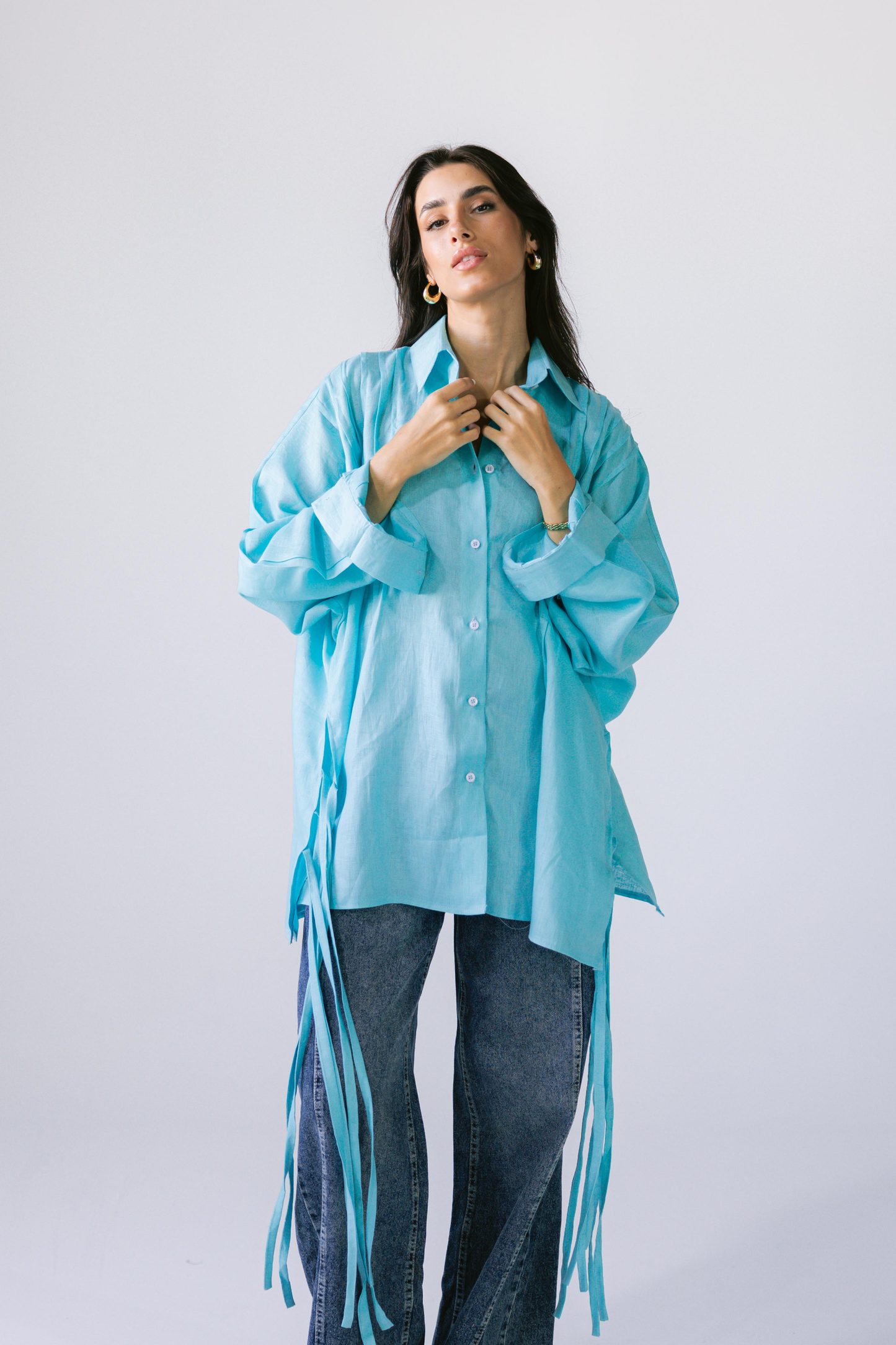 Summer Fringes Linen Shirt -  Turquoise