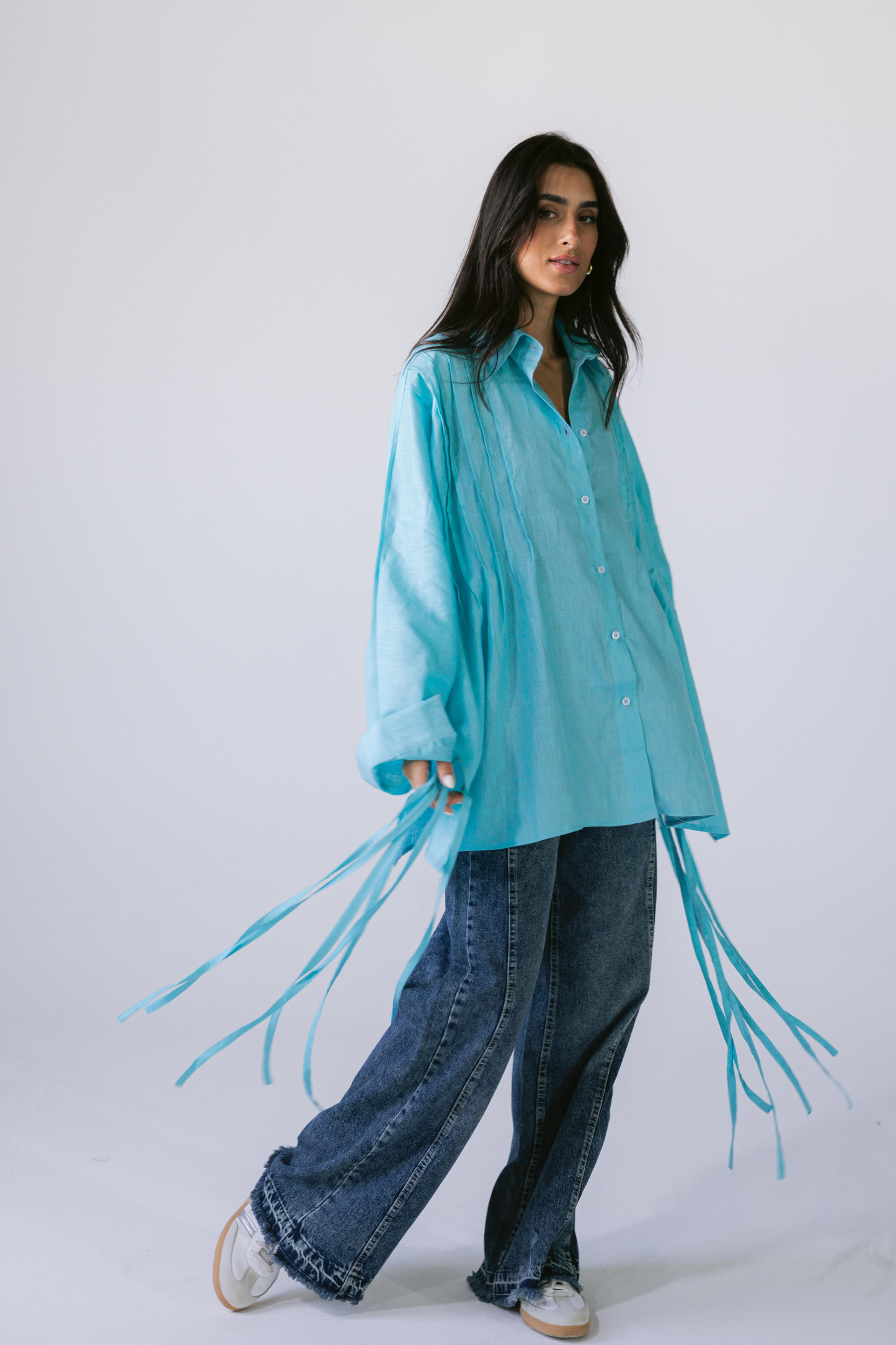 Summer Fringes Linen Shirt -  Turquoise